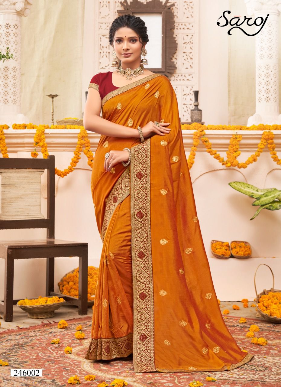 Saroj Pankhi Fancy Festive Wear Vichitra Silk Embroidery Work Saree Collection